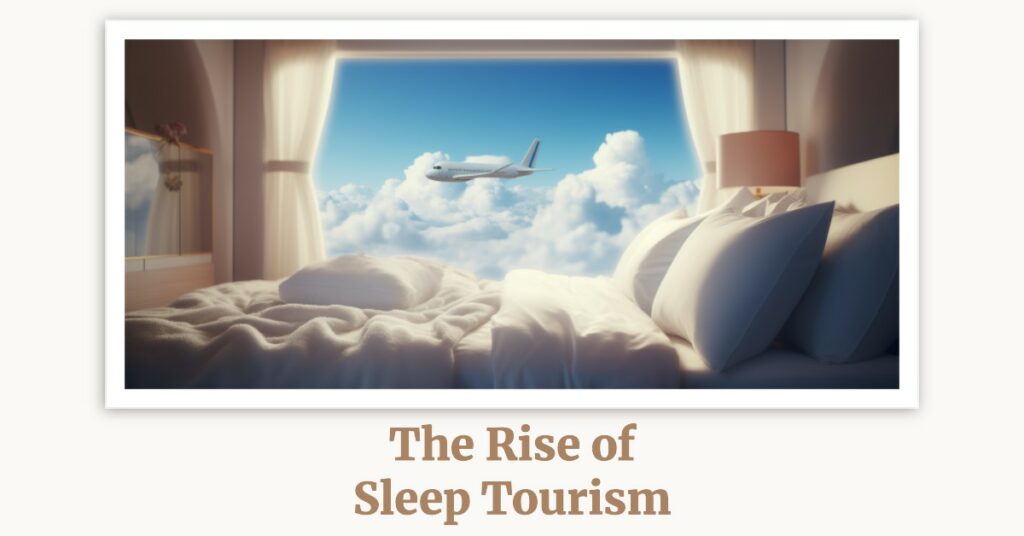 A bed by a window with an airplane flying in the sky outside.