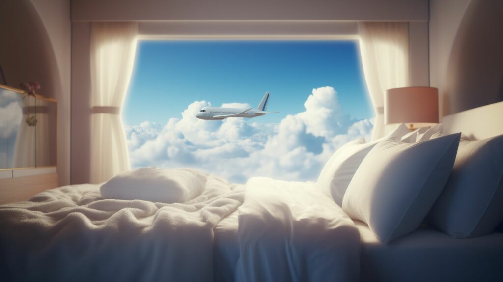 A bed by a window with an airplane flying in the sky outside.